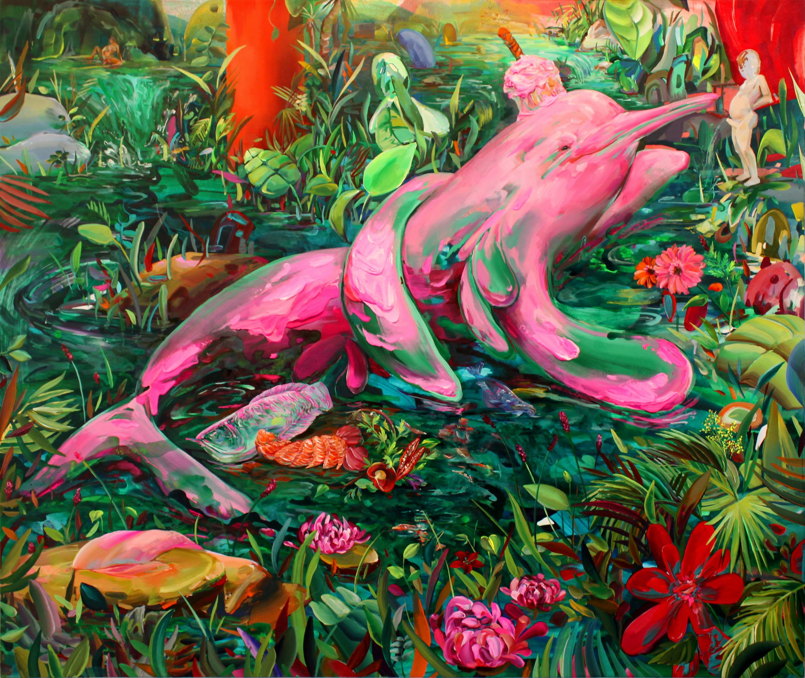 In this lusciously painted oil painting, a melting pink dolphin with a cupcake and an erect penis candle on its head takes center stage in a tropical stream filled with fish and sashimi slices. The dolphin is caught in the embrace of another dolphin. Its nose gestures at a miniature white naked man-child with a blurred face. The white figure is standing on a leaf in the upper right-hand corner of the painting and urinating into the stream with his arms tucked behind his back. Vibrant large pink, red, and orange flowers draw attention amidst abundant green foliage. Hazy sunlight in yellows and pinks is visible in the background.