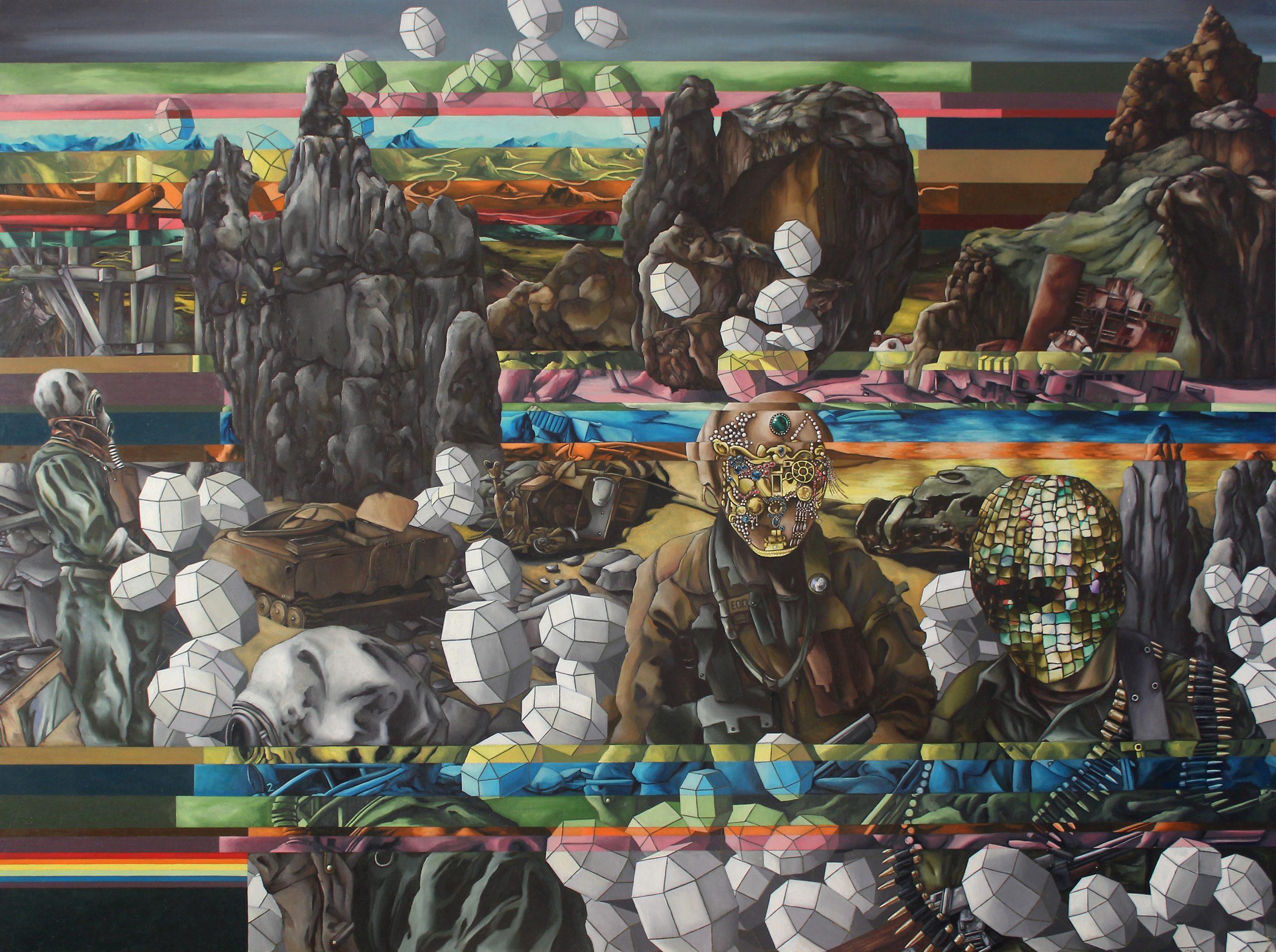 This is a horizontally oriented oil painting of a surreal post-apocalyptic landscape. Four masked figures are in the foreground--two wear gas masks, one a bejeweled face mask, and the last figure’s face is covered in a gold metallic mesh. They are dressed in army green and tan jumpsuits. One figure carries an automatic weapon and is draped in rounds of ammunition. The figures are surrounded by floating egg forms that have distinct planar shifts, which make them look like gems or perhaps blank human head forms. Three large rock formations are portrayed in the midground. A mountain range, stone wall, and crumbling architectural elements are in the background. The entire scene is bisected with intermittent transparent strips of color that recall digital glitches. Here is how the artist describes the meaning of the work: My paintings are post-apocalyptic paintings of possible non-linear narratives constructed from pieces of the past, contemporary and future. The work reflects my own experience of being adopted from Korea, combining the Eastern landscapes of Asian painting with the traditional oil painting techniques of early Flemish and Italian painting. The subject matter depicted reflects my own interest in science fiction themes such as nuclear apocalypse, human adaptability to a changing world, digital imaging, time travel and identity. The work is about these contrasts and juxtapositions between the past and future, heightened color areas and neutral colors, East and West, traditional oil painting and digital imaging, realism and abstraction of some forms and what we consider natural and artificial. The paintings are not about absolute dividing lines between these themes but rather about the images existing in a grey area between these absolutes. Making sense of these images isn't about the resolution of the narrative but the continued journey of seeing these themes and subjects collide and re-combine in unexpected ways.