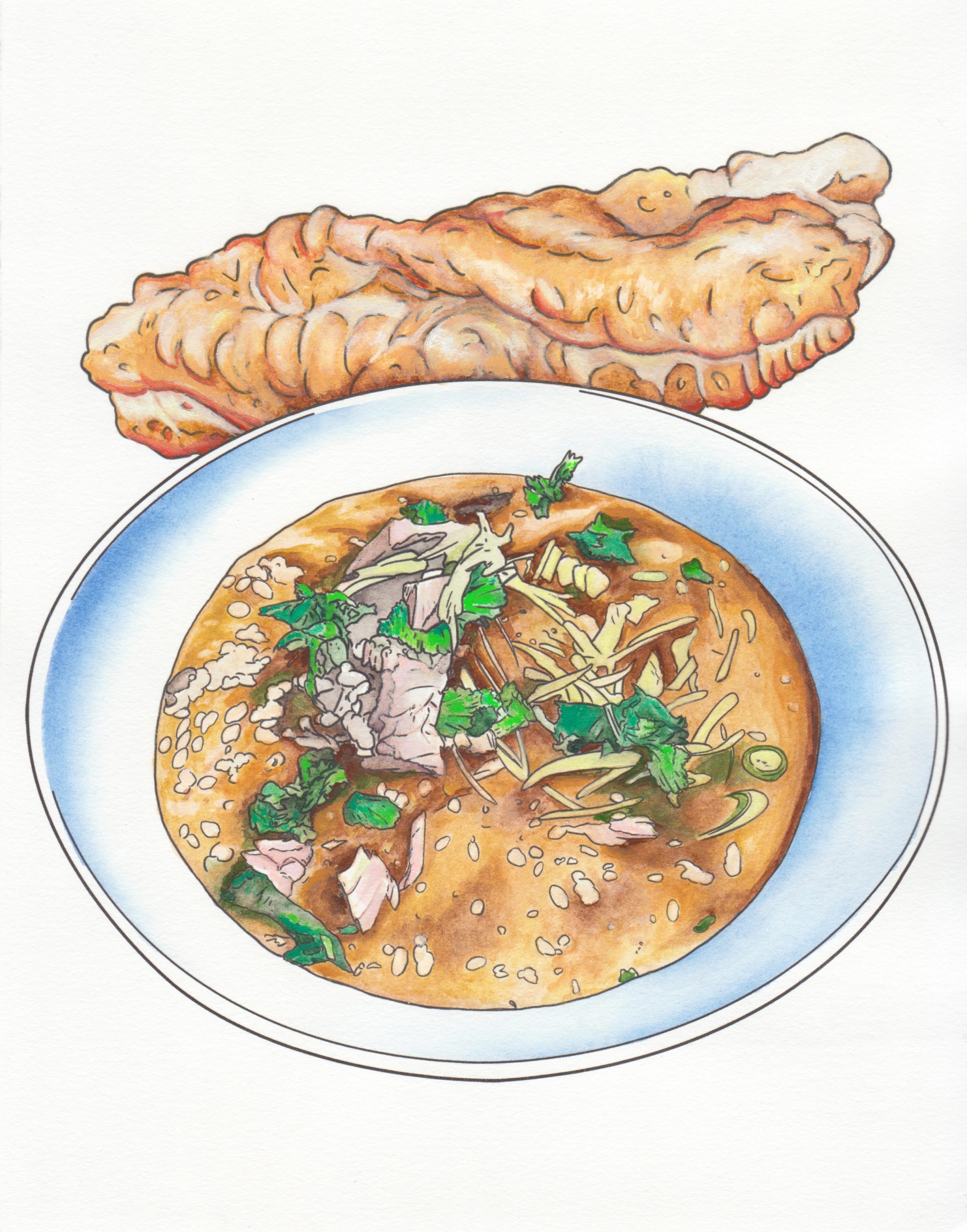  This is an illustration by Jave Yoshimoto of a deep white bowl filled with milkfish congee served with a twisted and glistening piece of Chinese fried dough on the side. The bowl is rendered in black line work with blue washes for the shadows. The congee is painted in washes of brown and tan. Linework has been used to illustrate the pinkish-gray milkfish, rice kernels in the congee, and the garnishes of pickled ginger strips, cilantro, and sliced scallions. The green of the cilantro provides an intense color contrast to this otherwise subtly earth tone and white painting.