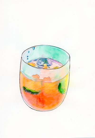 Pen outlines the frosted glass cup for this illustration of a Mai Tai cocktail. The drink is rendered with watercolor and colored pencil in a swirl of peach, orange, and yellow colors. An ice cube bobs to the surface reflecting purple shadows as water droplets condense on the side of the cup and a mint leaf and lime wedge swirl below.