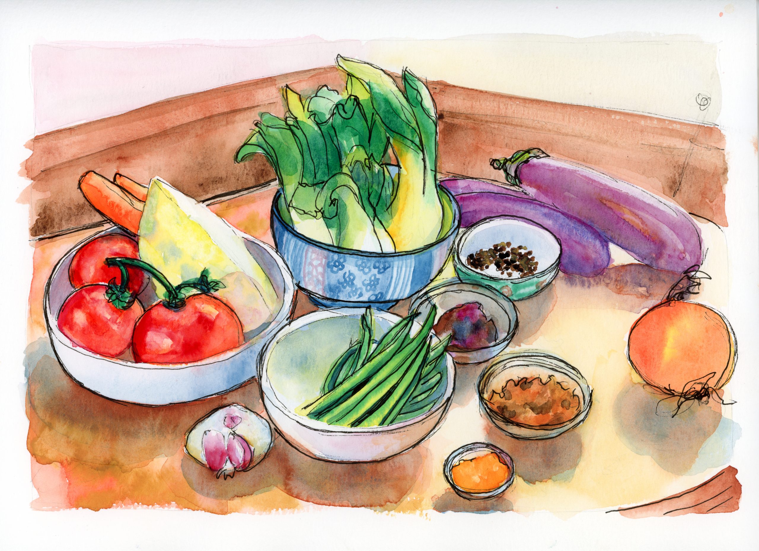 This watercolor with gestural pen linework portrays a still life of ingredients to be used in the kare kare recipe. The ingredients are arranged in bowls or placed directly on top of a round wooden table that is in a corner of a sunlit room. In the foreground is a small white bowl of green beans. Behind this is a large white bowl in which three vine-ripened tomatoes nestle with a pale yellow-green cabbage wedge and two carrots. In the back, a large bowl with a Japanese-style blue and white stripe and pink flower pattern is filled with baby bok choy. Two purple Chinese eggplants, a Spanish onion, a garlic head, and small glass bows with the remaining ingredients are artfully arranged on the table. 