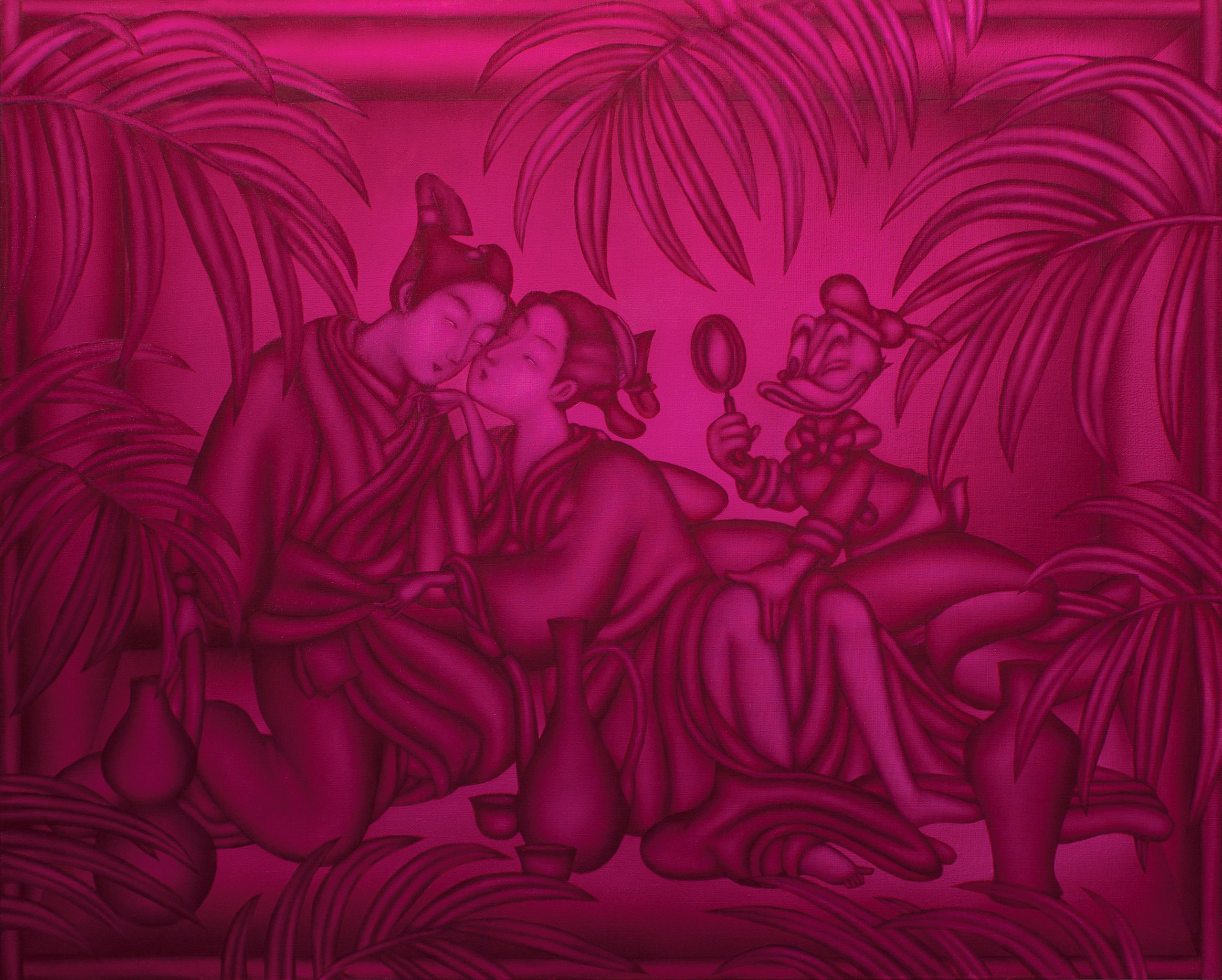 This is a horizontally oriented oil painting by Mathew Tom in which the entire background is painted an intense fuschia pink and bordered by a painted frame. The main imagery on the canvas is painted in subtle black gradients and consists of an erotic scene of a seated kimono-clad woman with her legs spread apart. She is unfastening the robe of a kneeling man and the couple is about to kiss. The image is sampled from what looks to be Shunga Edo period Japanese art. Donald Duck appears on the right side of the canvas wielding a magnifying glass to inspect the couple as he reaches out to grope the woman. Vases, jugs, palm branches frame the picture. The artist describes his intention for the work as, reinterpretations of historical artworks have become a playful way for him to express his mixed, Chinese-American cultural identity. His childhood in Florida spawned an interest in pop media and how it functions as modern-day religious iconography. By juxtaposing these symbols with art historical references, Tom investigates cultural appropriation and its broader meaning in an increasingly borderless, globalized society