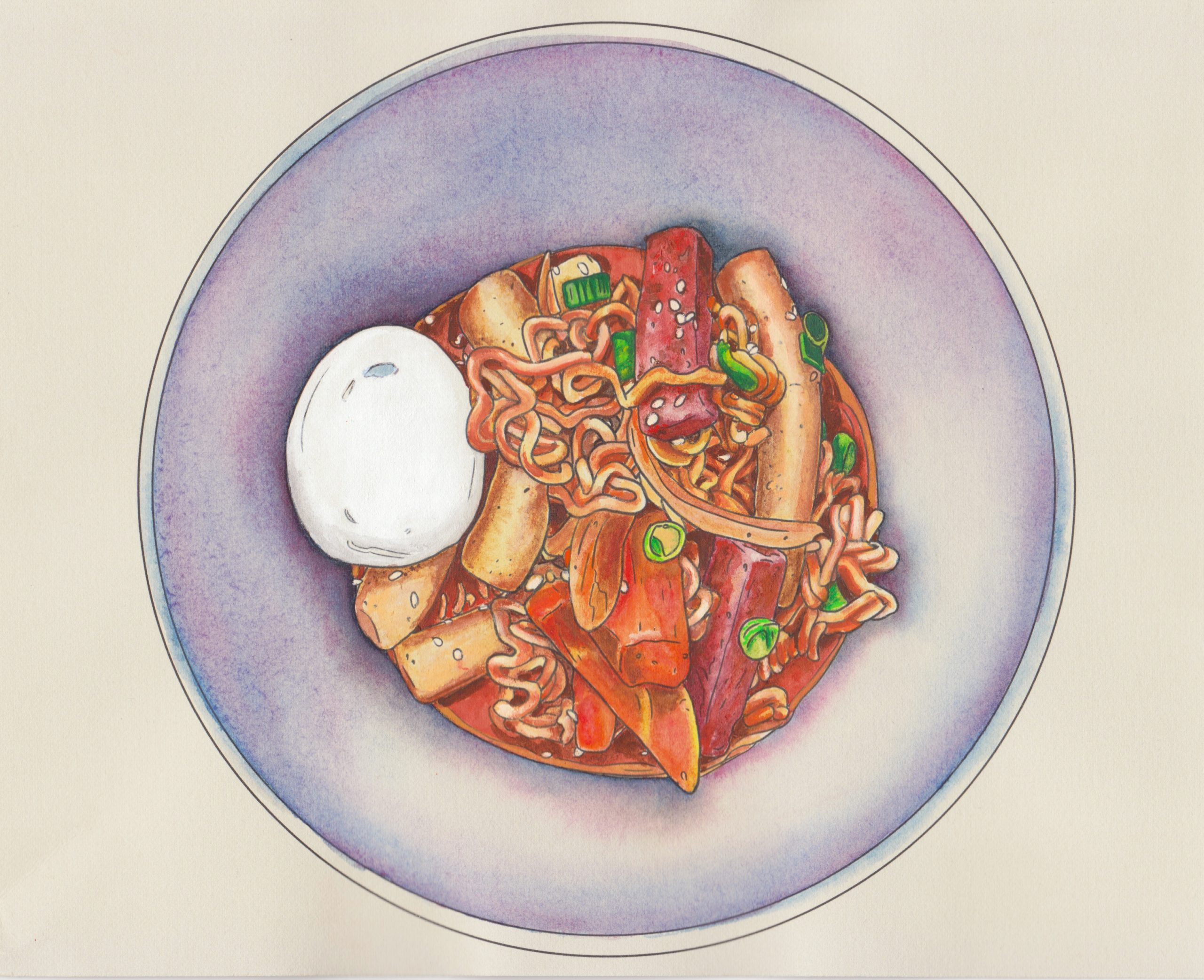 This is an overhead view of a bowl filled with ddukbokki that is precisely drawn using contour lines and washes of color with special attention to texture and shading. The shadows of the deep rounded soup bowl are rendered in purple washes and the background of the composition is the white of the paper. A hardboiled egg sits on the left side of the bowl as ramen noodles intermix with the thick cylinder-shaped dduk (Korean rice cake) coated in a red sauce. Slices of SPAM and onion pop through. The dish is garnished with sesame seeds and sliced scallions. 