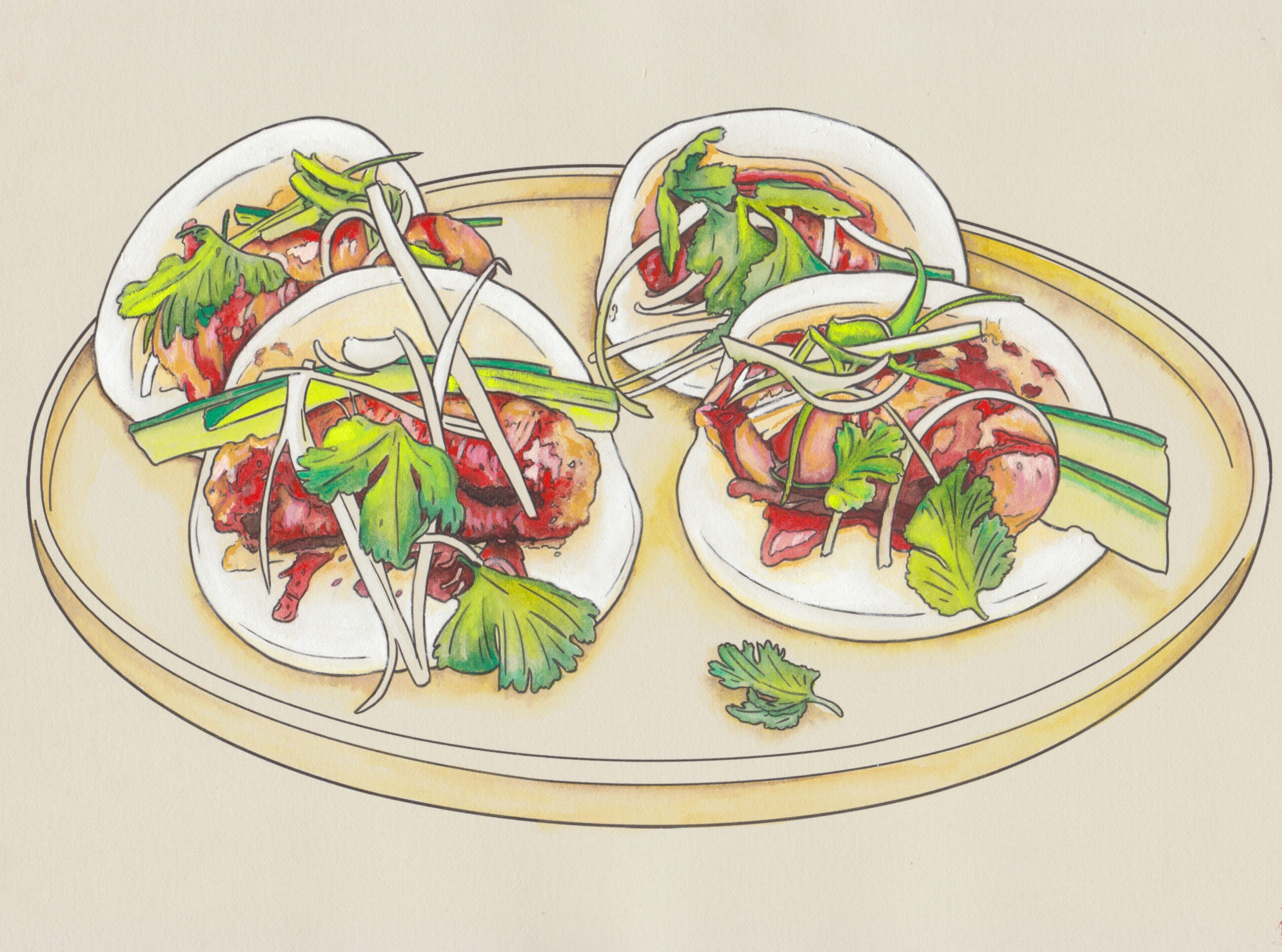 4 steam bao buns sit on a cream-colored round plate with a low rim against a cream background. The buns are filled with pork sausage drizzled with hoisin sauce, slices of cucumber, pickled green onion, and garnished with cilantro leaves. The illustration is precisely rendered with black ink linework and hand-painted with meticulous watercolor washes and detail work with gouache paint.