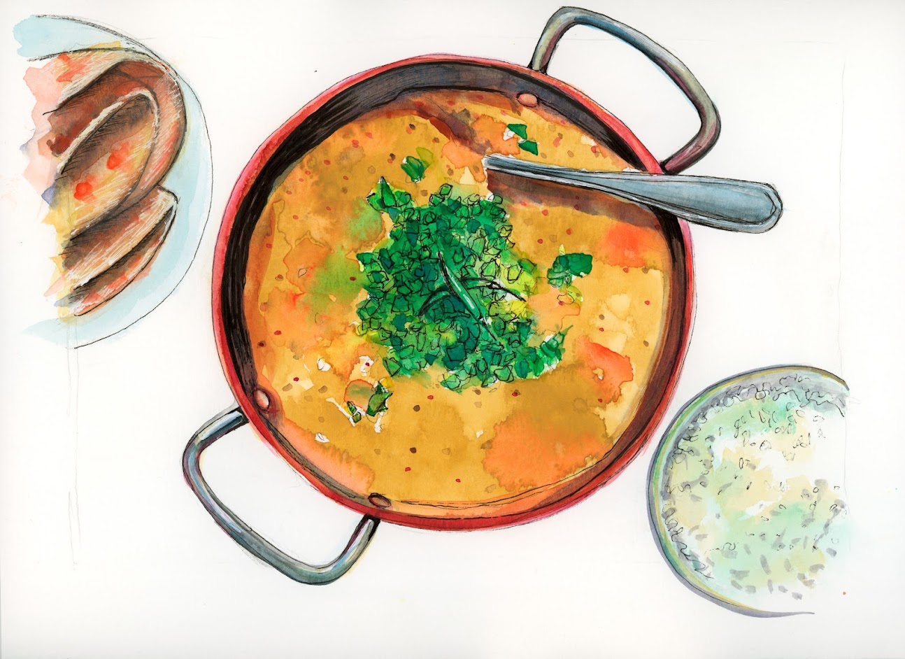 In the center of this hand-drawn illustration is a bowl full of red lentil daal garnished with coriander and chili peppers. It is served in a metal bowl with silver handles and a silver spoon is submerged in the daal. A cropped view of a bowl of rice is in the lower right-hand corner and a cropped view of a plate of paratha is in the upper left-hand corner.
