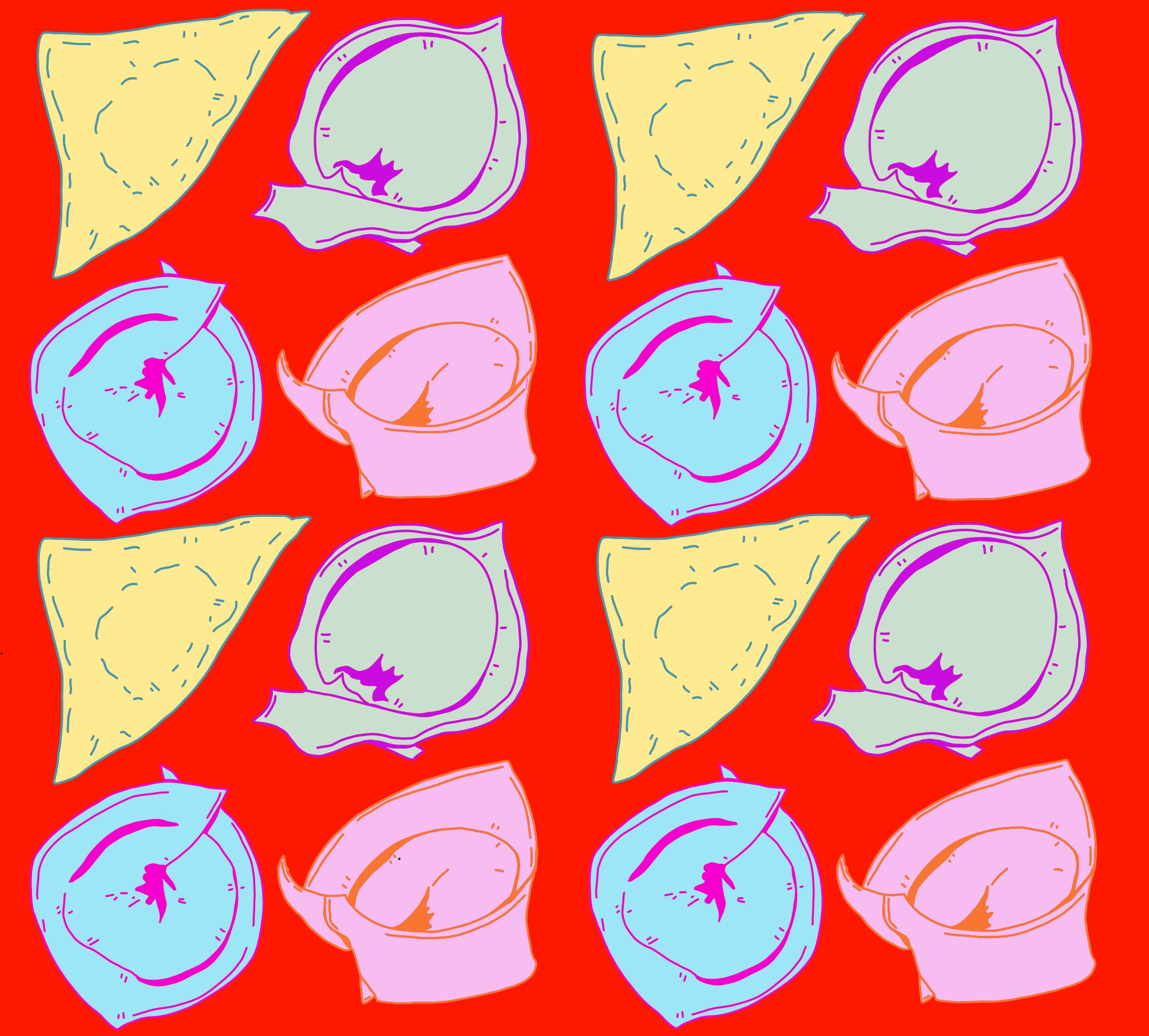This is a playfully rendered digital drawing of 16 dumplings displayed in a square grid against a solid bright red background. Some of the dumplings feature a stuffed, folded square wonton wrapper in the shape of a triangle, and others are the finished dumpling with the corners folded together. The dumplings are drawn using contour lines and rendered with pops of yellow, blue, purple, pink, and orange.