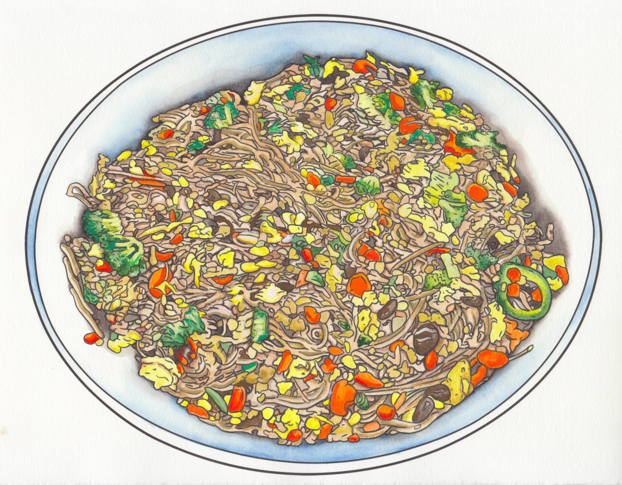  A round white bowl is filled with a busy composition of the noodles, vegetables, meat, and egg that make up the ground pork chapjae. The page surrounding the bowl has been left blank.The shadows in the bowl are subtle washes of blue and black watercolor. The chapjae is illustrated in detail contour and painted in browns with pops of orange, yellow, and green for the eggs and veggies.