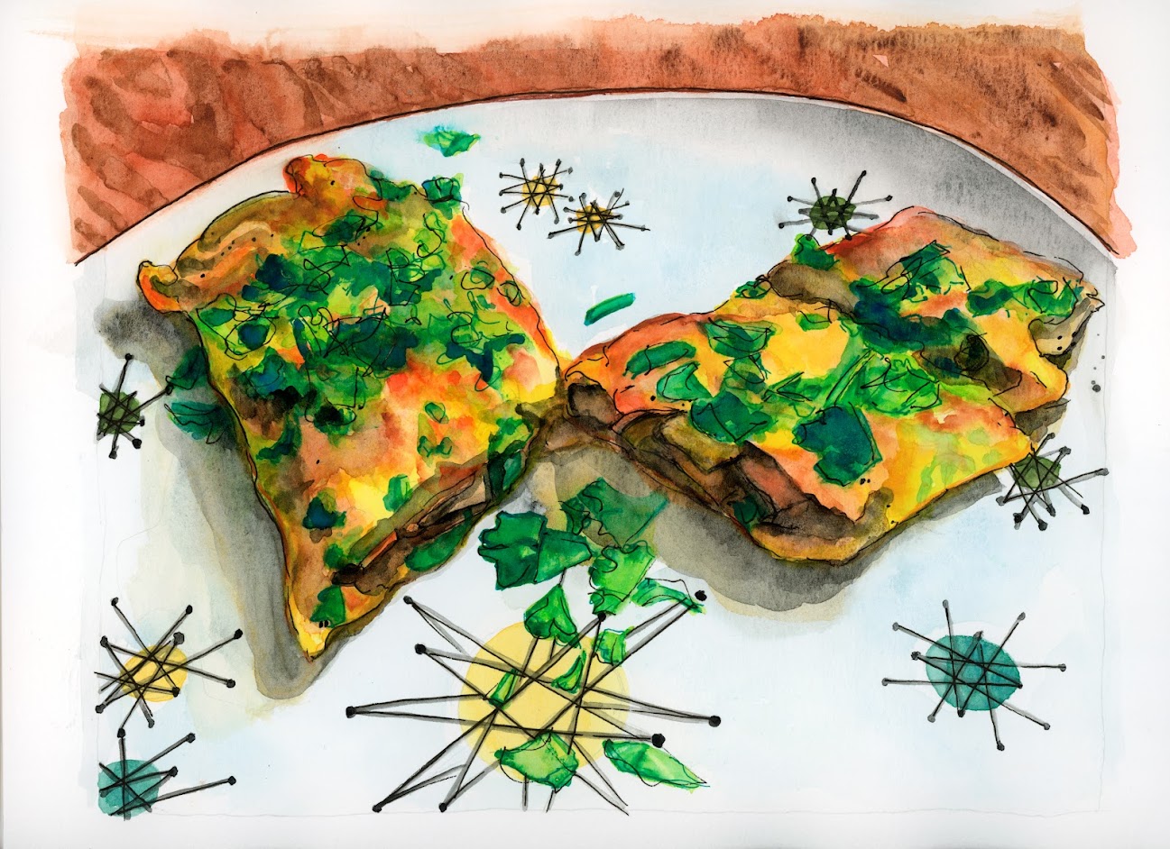 A gesturally painted illustration of a golden-colored savory crepe cut in half and garnished with chopped cilantro. The jian bing is served on a white plate featuring a mod starburst design pattern. A fragment of a wood table is visible under the plate.