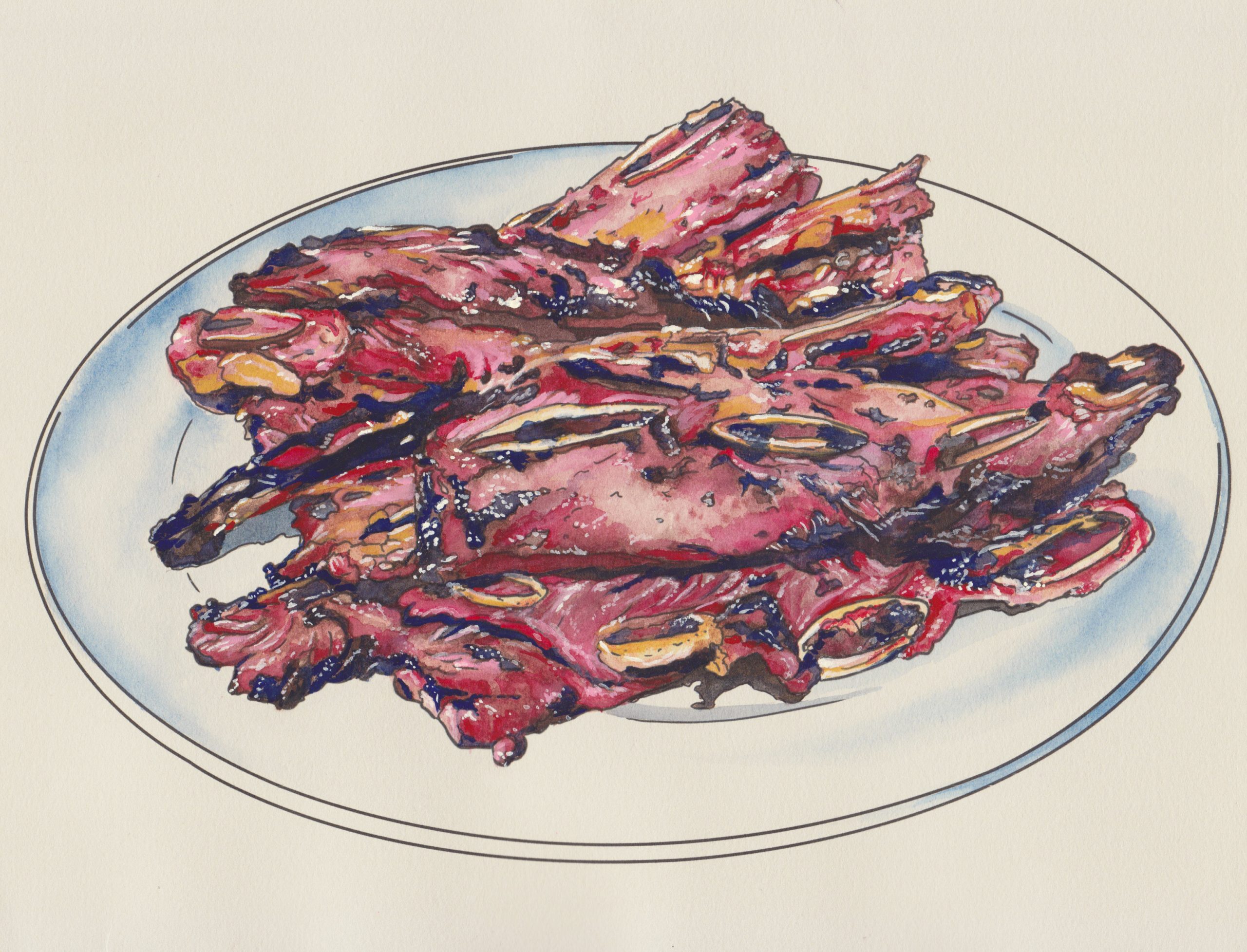 A pile of grilled kalbi is stacked on a round white plate against a white background in this hand-painted digital illustration. Glistening meat is rendered in pinks and reds with blackened crispy bits between long oval-shaped cross-sections of the beef short rib bones.