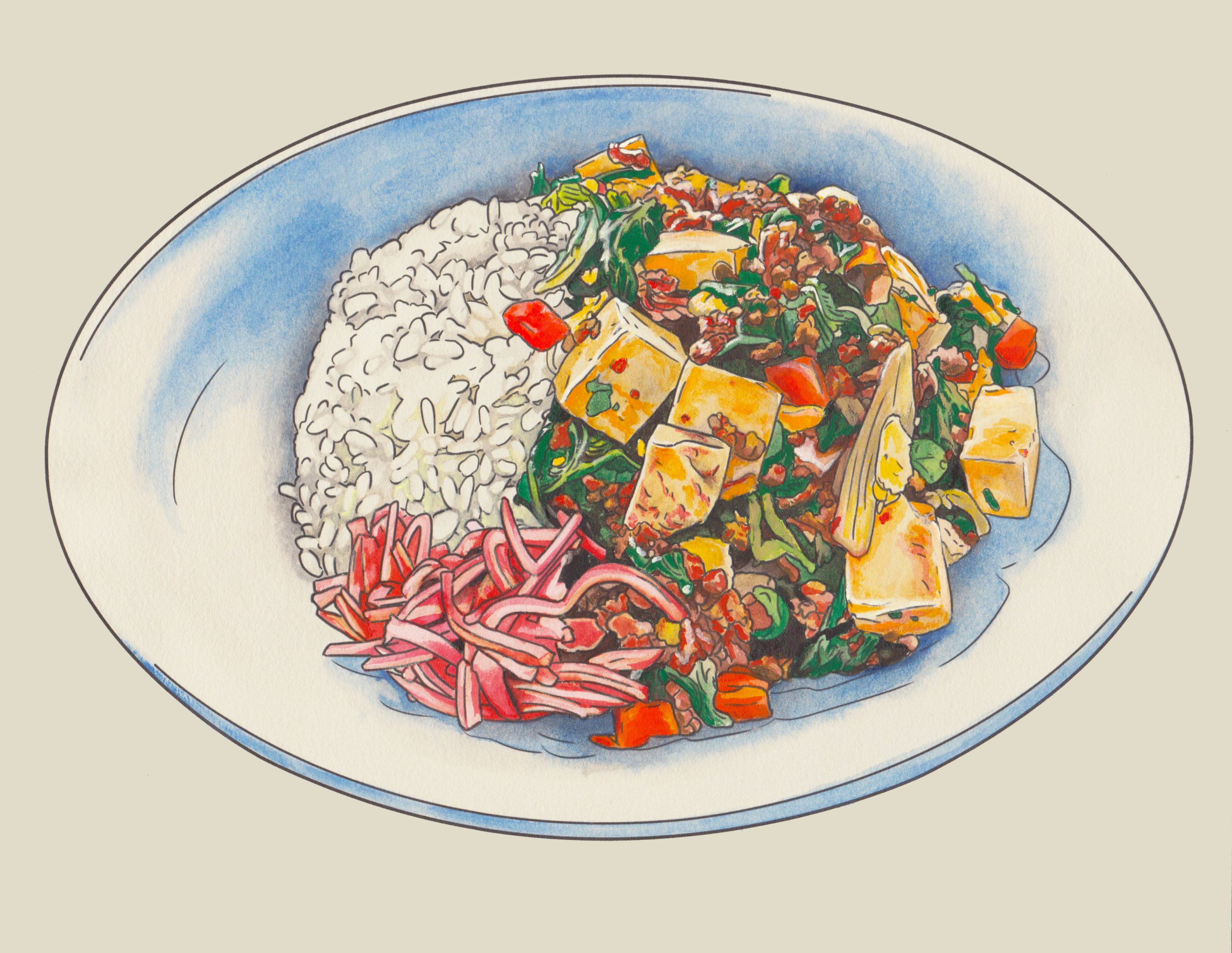 The recipe drawing is a watercolor and gouache painting done on paper that is depicting a plate with a cup of white rice on one end of the plate, garnished with red colored pickled ginger, along with the ingredients of the mapo tofu such as ground meat, onions, spinach, carrots and peas. 