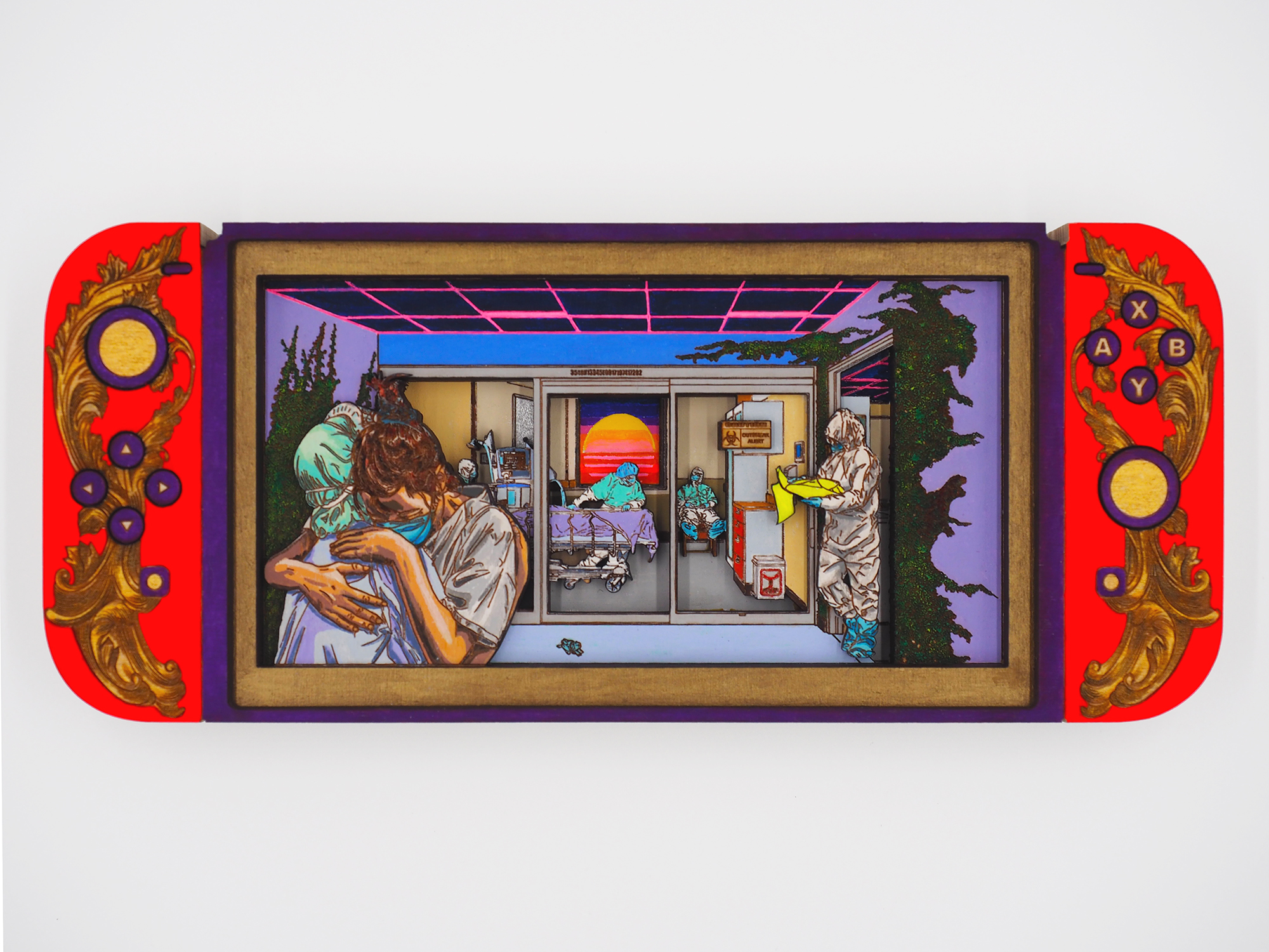 Memento Mori is a multi-layered wood piece carved out in relief format using laser technology. The initial digital drawing is engraved, and cut to shape to reveal a story in the works. The horizontal rectangular piece is adorned by decorations of a video game controller format, where the screen might be represents a hospital setting with nurses hugging each other in tears, with doctors tending to the ill fated covid patients in biohazard containment rooms. The walls of the hospital walls are covered in growing vine, representing the spread of the Covid virus. 