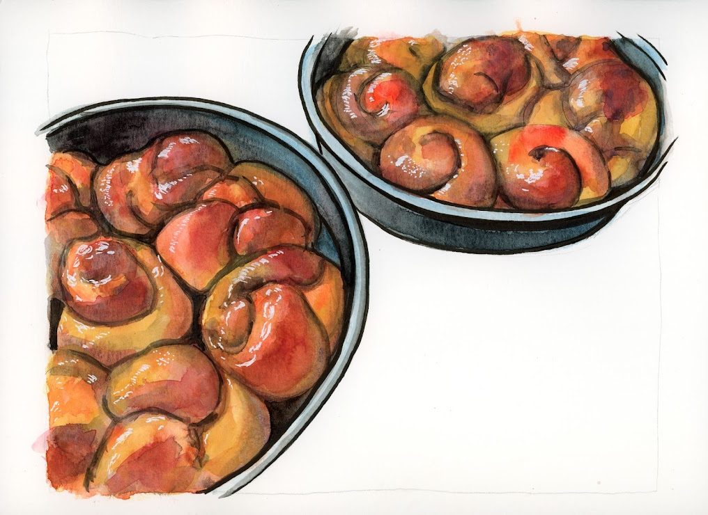 Set against a white background, this illustration features a cropped image of two round metal bread pans filled with warm glistening Chinese milk bread rolls.