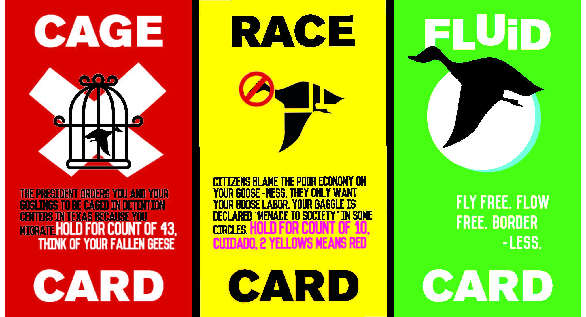 Three playing cards are presented in a horizontal row. The first card on the left is “The Cage Card.” It is red and features a bold white X mark with a small black silhouette of a goose in a cage superimposed on top. It reads, “The President orders you and your goslings to be caged in detention centers in Texas because you migrate. Hold for count of 43, think of your fallen geese.” The center card is a yellow “Race Card” and has a black silhouette of a goose flying with a red X in a circle over its head. The goose is slightly larger than the first card’s good but this goose body has a cutout grid pattern intersecting it. The card reads, “Citizens blame poor economy on your goose-ness. They only want your goose labor. Your gaggle is declared a ‘menace to society’ in some circles. Hold for count of 10, cuidado, 2 yellows means red.” The last card on the right is the green “Fluid Card.” The word “Fluid” is wavy. The black silhouette of the goose is noticeably larger than the first two cards and is flying in front of a white moon. The card reads “Fly free. Flow free. Border-less.”