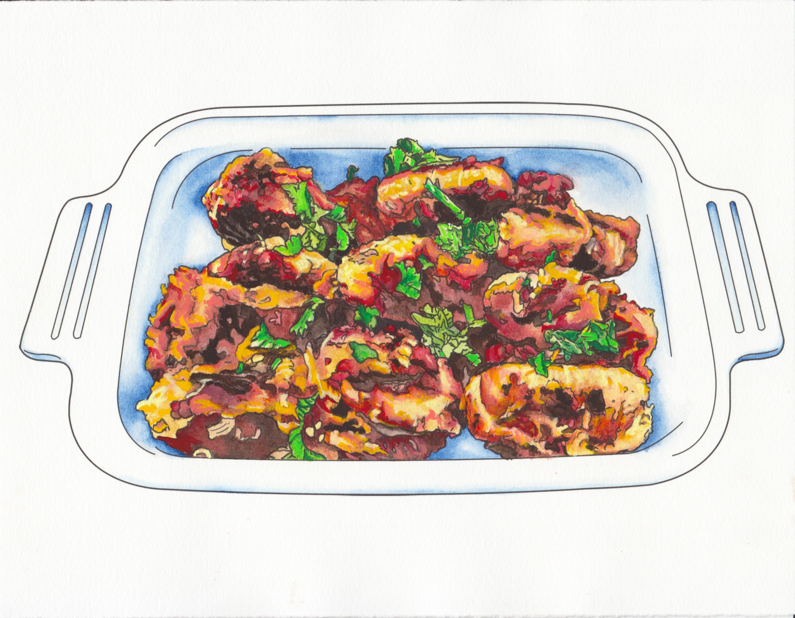 This is an overhead view of a horizontally oriented rectangular white dish filled with three rows of roughly cylindrically shaped Kebab Karahi. The serving dish has handles on each side and is illustrated economically using black lost and found contour lines and blue washes for the shadows. The chicken has been rendered in great detail with nuanced watercolor and gouache in oranges, yellow, tan, red, and maroon. The chicken is garnished with pops of green cilantro.