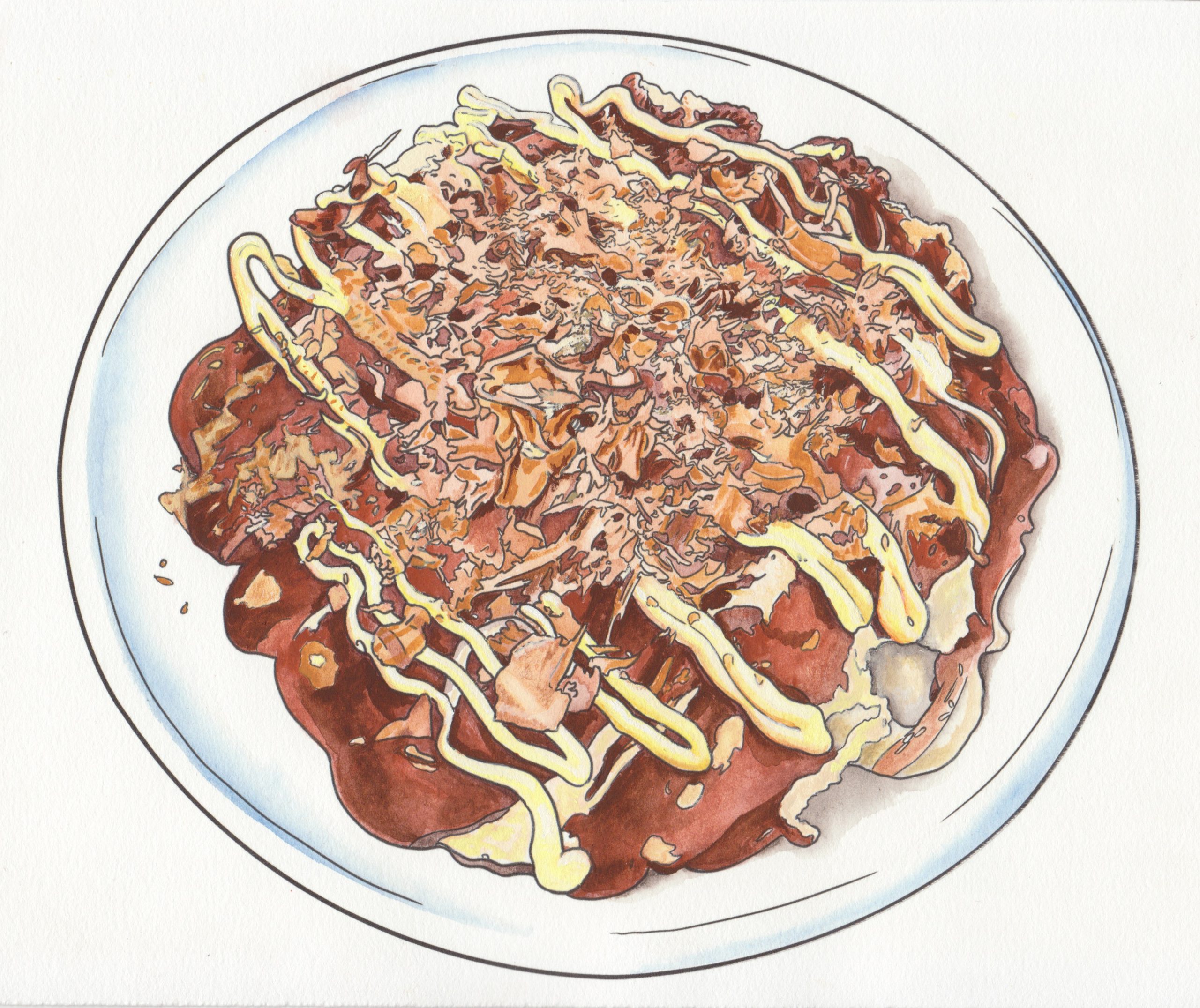 A round white plate is filled with Okonomiyaki in this horizontally oriented overhead view. The plate has been drawn in black contour lines with subtle blue washes for the shadows. The background is the white of the paper. The Okonomiyaki is drawn in contour and then filled with brown, tan, and cream watercolor washes with details in gauche. The fried batter of the Okonomiyaki peeks out from underneath the dripping brown sauce. The dish is has a thick zig-zag of Japanese mayo running across the top and then a heap of bonito flakes on top. The bonito flakes create a busy and chaotic textural focus to this painting.