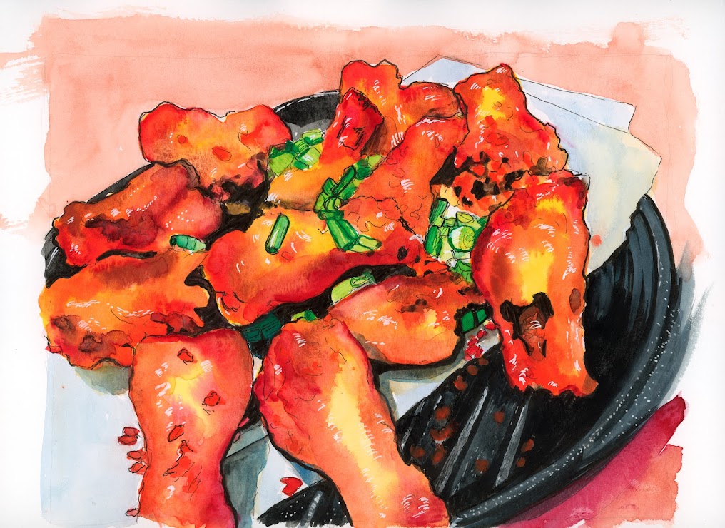 Painted loosely in fiery oranges, fried chicken wingettes & drumettes garnished with fried garlic and chopped scallions are piled on a paper towel on top of a round black grill pan. The illustration is cropped at an angle with washes of reds and browns in the background to indicate a wood table.